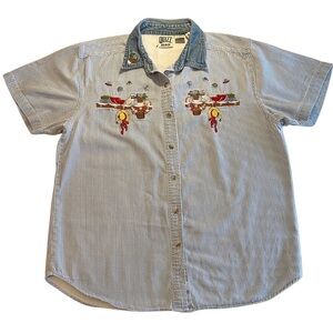 Quizz Again vintage cottage core button up, embroidered flowers, cats and hats